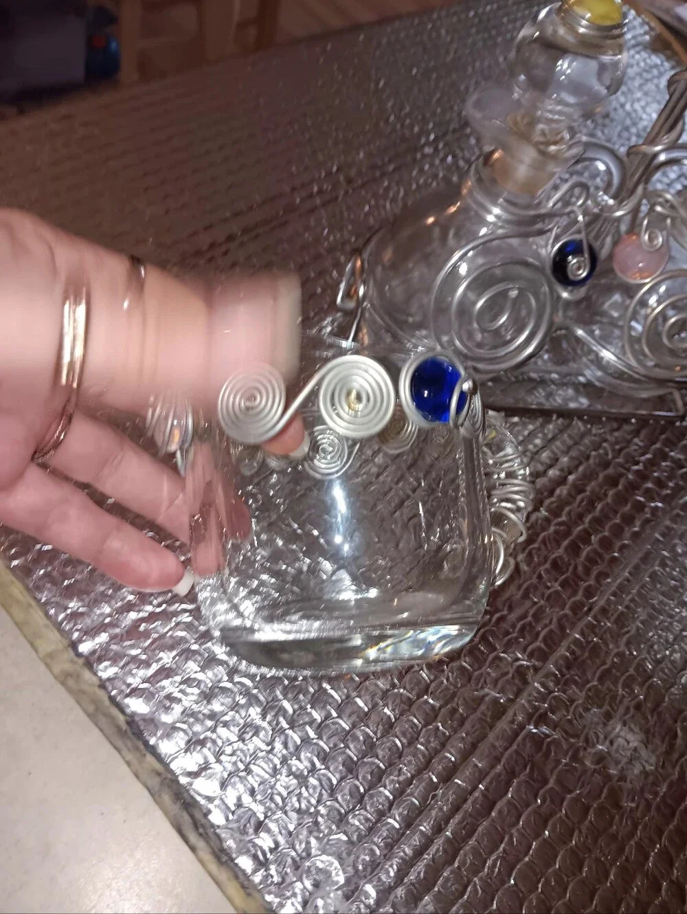 Artisian Crafted Glass Oil And Vinigar Bottles In Stand Wirh Creamer And Sugar
